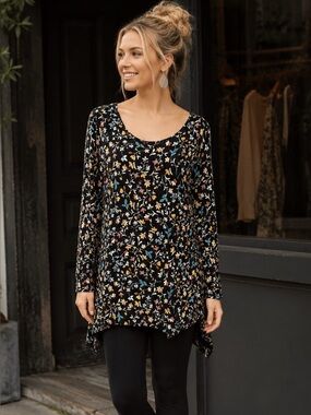 Cable & Gauge Black Multicolor Floral Swing Tunic Top Size L